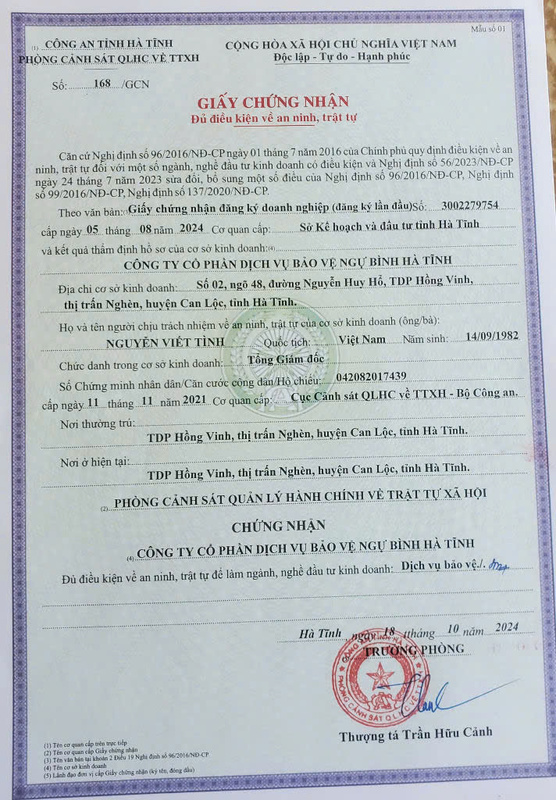 Chứng nhận, chứng chỉ - Dịch Vụ Bảo Vệ Ngự Bình Hà Tĩnh - Công Ty Cổ Phần Dịch Vụ Bảo Vệ Ngự Bình Hà Tĩnh